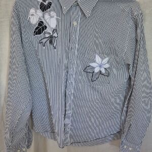 women's White with black Striped Shirt with Floral designs on each side